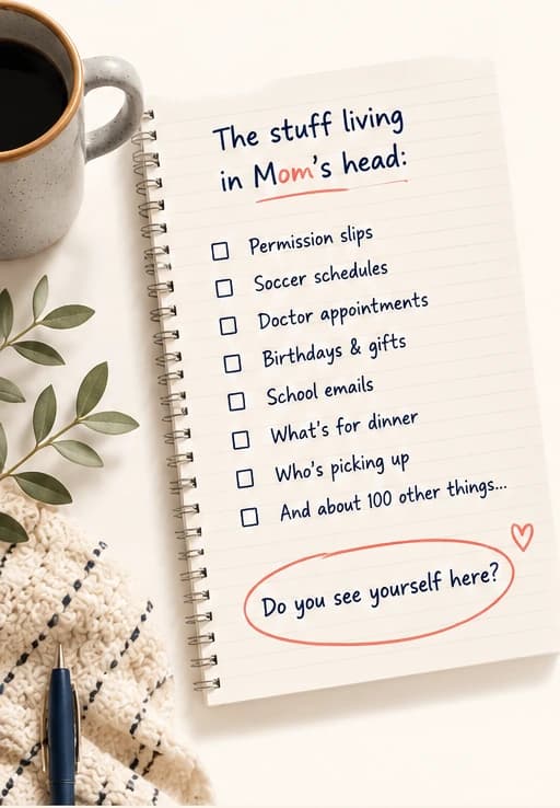 A notebook beside coffee, greenery, and a blanket, listing the many things living in Mom's head